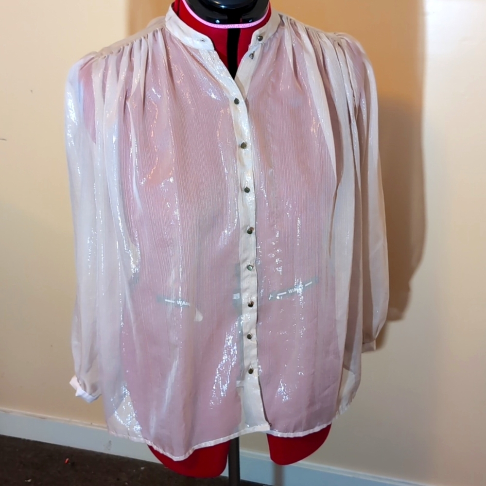 New York & Company| Vintage Cream Sheer Blouse with Gold Like Striped Shimmer